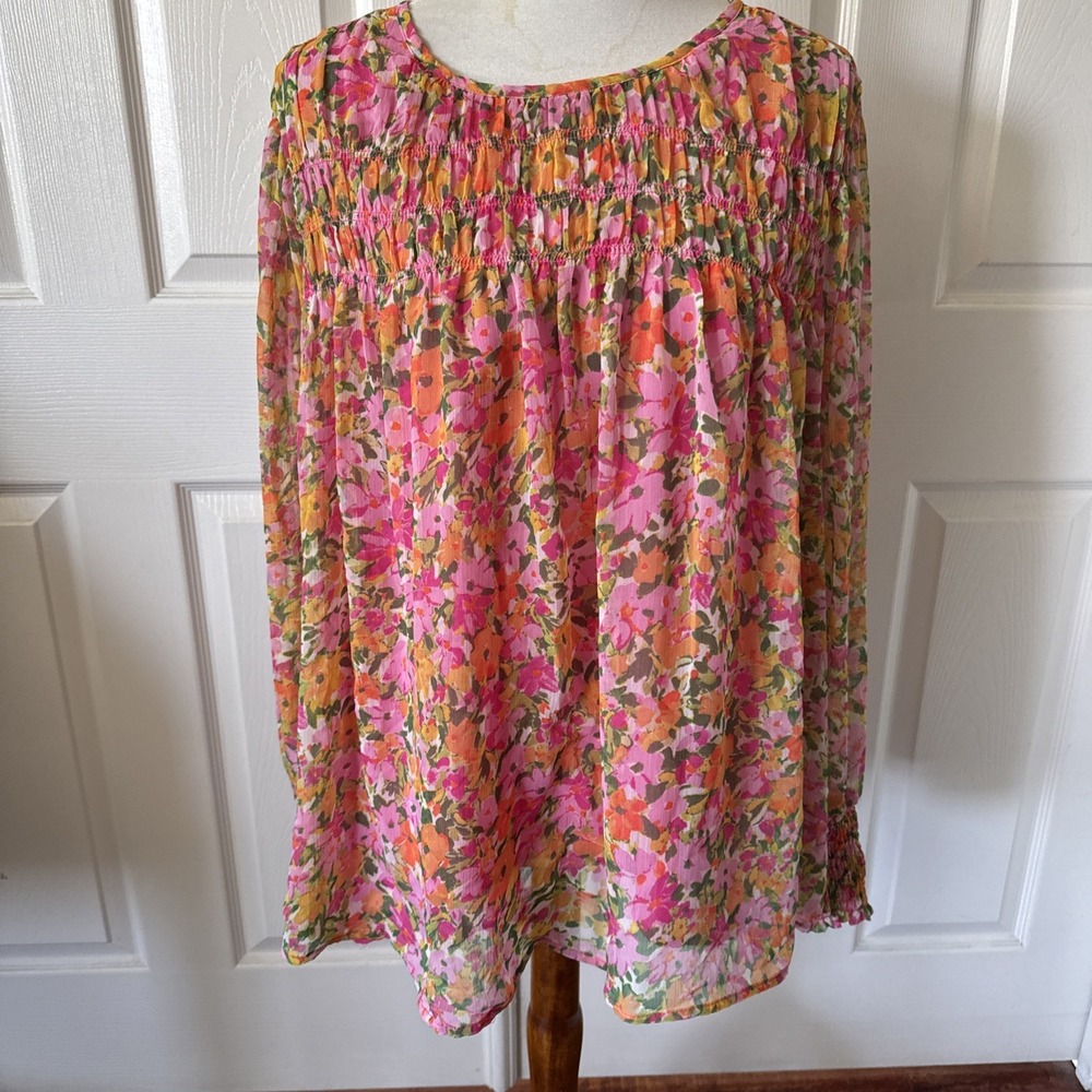 Terra Sky  Womens Peasant Top Plus 2X Pink Floral Shirred Cottagecore Lined Boho